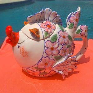 New Blue Sky Clayworks Pink Flower Fish Teapot